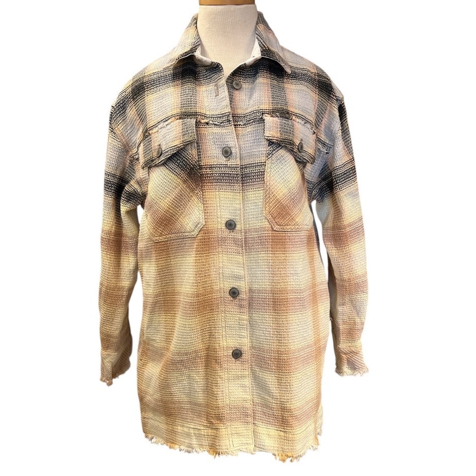 We The Free Anneli Mixed Plaid Shirt Jacket Sz S Oversized Western Boho Layering